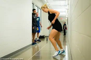 Anastasia Pavlyuchenkova of Russia warms up before her doubles match at the 2018 Western & Southern Open WTA Premier 5 tennis tournament