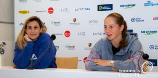 Jelena Ostapenko of Latvia and newly-appointed coach Marion Bartoli talk to the media at the 2019 Upper Austria Ladies Linz WTA International tennis tournament