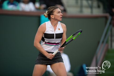 Simona Halep of Romania in action during her second-round match at the 2019 BNP Paribas Open WTA Premier Mandatory tennis tournament