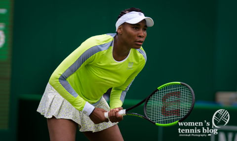 Venus Williams of the United States in action during her first-round match at the 2019 Nature Valley Classic WTA Premier tennis tournament