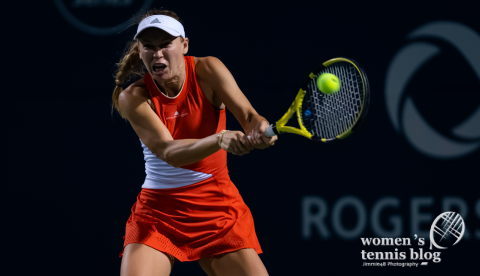 Caroline Wozniacki of Denmark in action during her second-round match at the 2019 Rogers Cup WTA Premier Tennis 5 Tournament