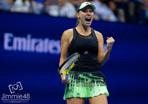 Caroline Wozniacki of Denmark in action during her second-round match at the 2019 US Open Grand Slam tennis tournament