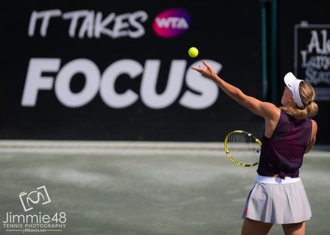 Caroline Wozniacki of Denmark in action during her third-round match at the 2019 Volvo Car Open WTA Premier tennis tournament