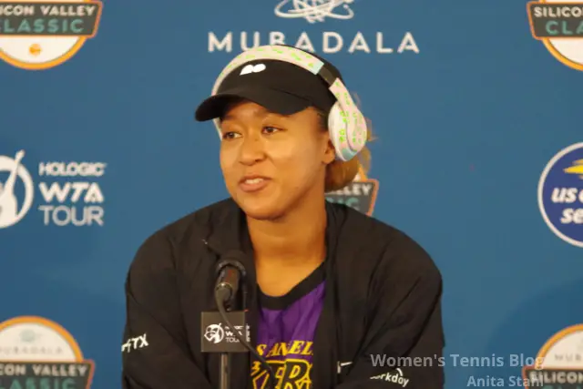 Naomi Osaka speaking with press at the Mubadala Silicon Valley Classic