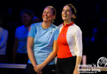 Anna-Lena Groenefeld of Germany & Andrea Petkovic during the ceremony commemorating their careers at the 2023 Porsche Tennis Grand Prix WTA 500 tennis tournament