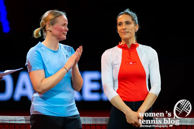 Anna-Lena Groenefeld of Germany & Andrea Petkovic during the ceremony commemorating their careers at the 2023 Porsche Tennis Grand Prix WTA 500 tennis tournament