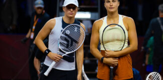 Iga Swiatek of Poland & Aryna Sabalenka of Belarus pose for a photo before the final of the 2023 Porsche Tennis Grand Prix WTA 500 tennis tournament