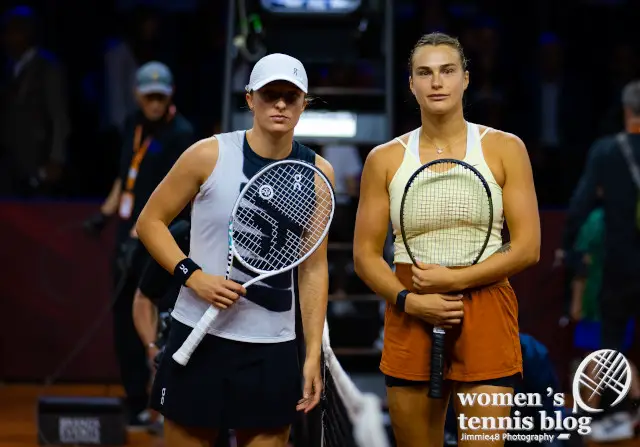 Iga Swiatek of Poland & Aryna Sabalenka of Belarus pose for a photo before the final of the 2023 Porsche Tennis Grand Prix WTA 500 tennis tournament