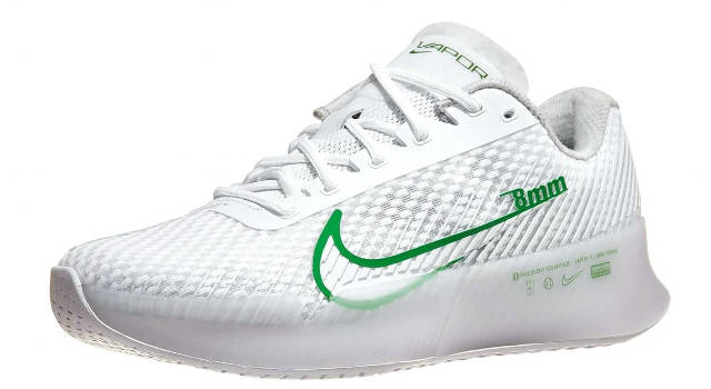 Nike Vapor Zoom 11 tennis shoe, white with green accents