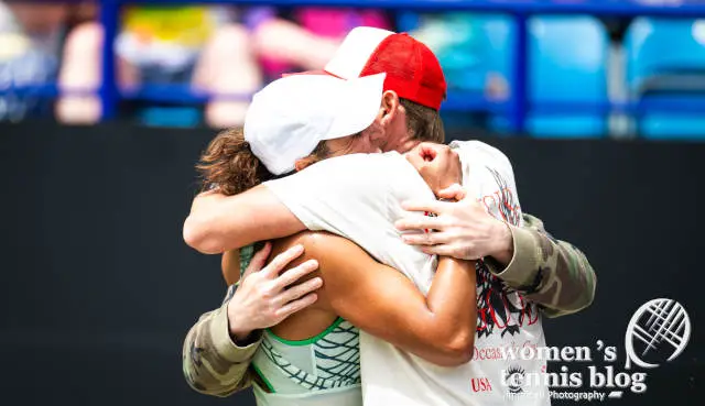 Madison Keys hugs fiance Bjorn Fratangelo after winning the Eastbourne final