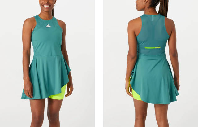 Adidas Women's Fall Dress Pro, a green asymmetrical dress with neon yellow undershorts