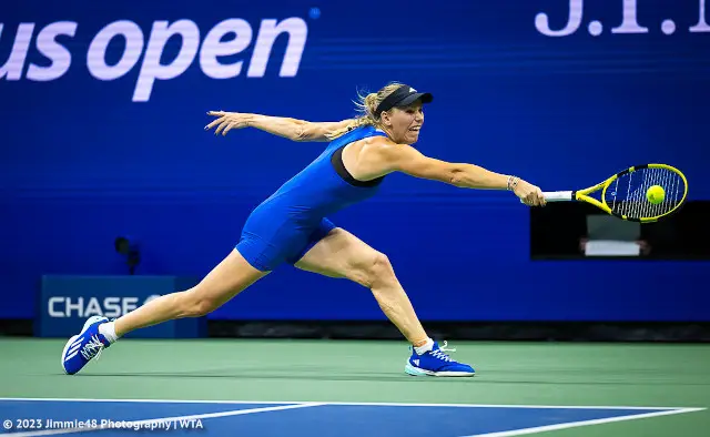 Caroline Wozniacki in blue Adidas leotard at the 2023 US Open