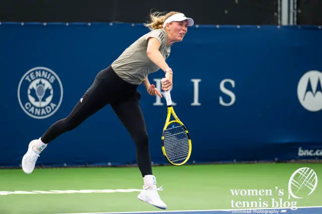 Caroline Wozniacki serves during practice at the 2023 National Bank Open