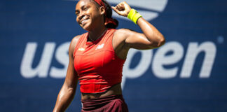 Coco Gauff's red New Balance ensemble at the 2023 US Open