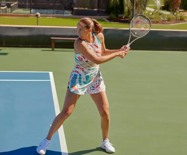 Madison Keys models a colorful new Nike dress