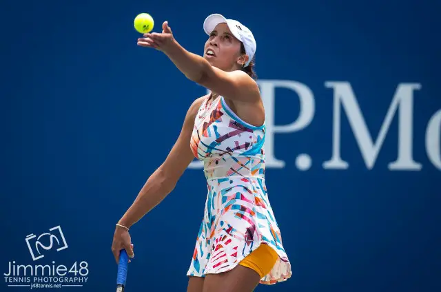 Madison Keys in a colorful Nike dress at the 2023 US Open