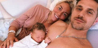 Carina Witthoeft with her newborn baby and fiance