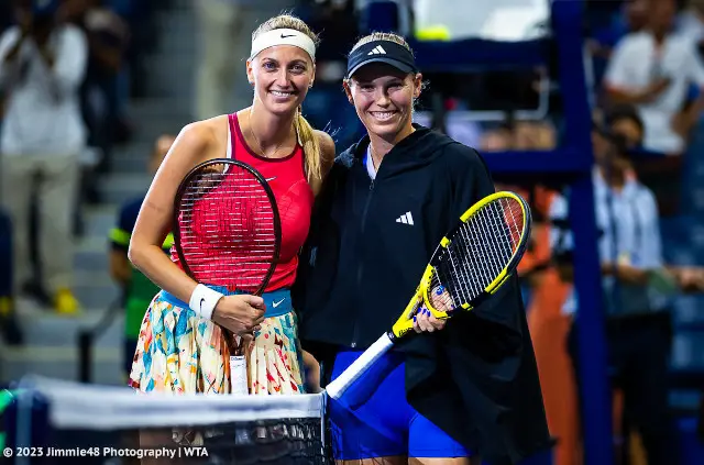Caroline Wozniacki takes a photo with Petra Kvitova before their match at the 2023 US Open