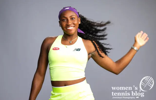 Coco Gauff poses for photographer at the 2024 BNP Paribas Open