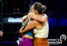 Paula Badosa and Aryna Sabalenka hug