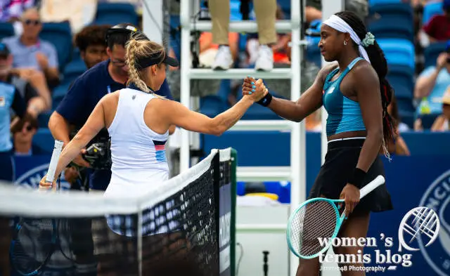 Yulia Putintseva and Coco Gauff shake hands at the Cincinnati Open