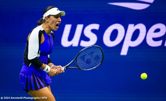 Jessica Pegula in a cobalt blue Adidas dress at the 2024 US Open