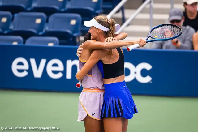 Kristina Mladenovic playing doubles at the 2024 US Open