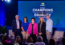 King (center) poses with (L-R) Dr. Brian Hainline, Rep. Nicole Malliotakis (R-NY), Rep. Mikie Sherrill (D-NJ) and Rep. Brian Fitzpatrick (R-PA) at the 2024 US Open