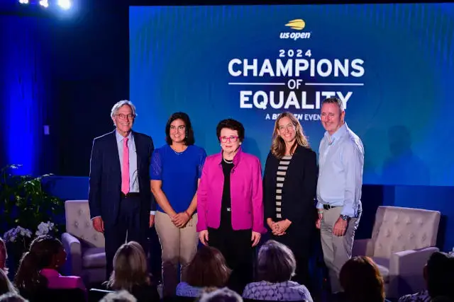 King (center) poses with (L-R) Dr. Brian Hainline, Rep. Nicole Malliotakis (R-NY), Rep. Mikie Sherrill (D-NJ) andRep. Brian Fitzpatrick (R-PA) at the 2024 US Open