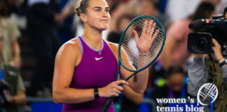 Aryna Sabalenka at the 2024 Wuhan Open wearing the Nike Fall Slam Dress