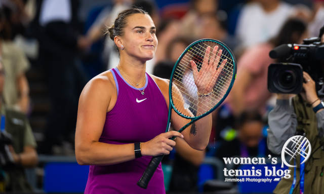 Aryna Sabalenka at the 2024 Wuhan Open wearing the Nike Fall Slam Dress