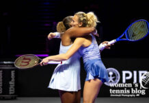 Katerina Siniakova hugs Taylor Townsend
