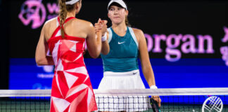 Elena Rybakina and Mirra Andreeva shake hands