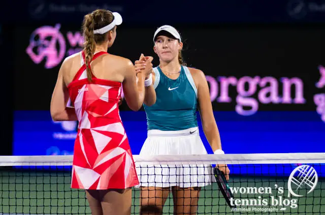 Elena Rybakina and Mirra Andreeva shake hands