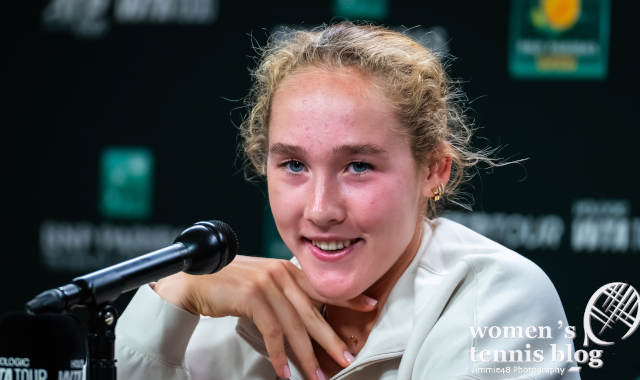 Mirra Andreeva talks to the press at the 2025 BNP Paribas Open