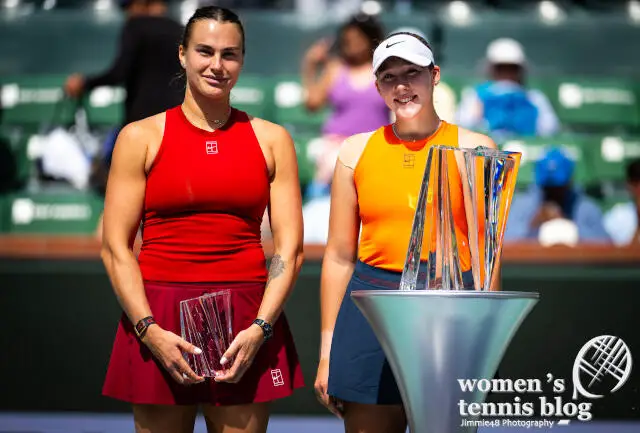 Aryna Sabalenka and Mirra Andreeva during the Indian Wells trophy ceremony