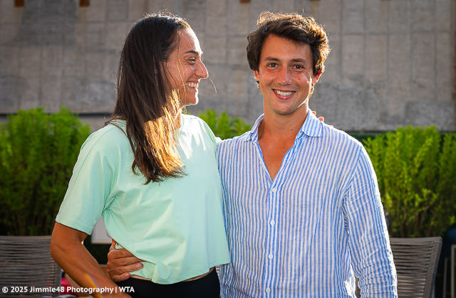 Caroline Garcia and husband Borja Duran celebrate her retirement from tennis after her last career match in New York on Monday.