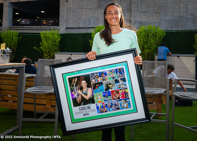 Caroline Garcia of France during her WTA retirement ceremony after the first round of the 2025 US Open Grand Slam tennis tournament