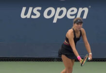 Oksana Selekhmeteva wearing Sabalenka's dress at the 2025 US Open