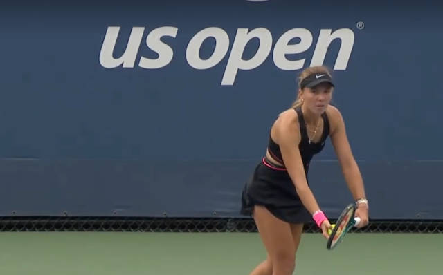 Oksana Selekhmeteva wearing Sabalenka's dress at the 2025 US Open