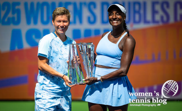 Asia Muhammad of the United States & Demi Schuurs of the Netherlands with their champions trophy after the doubles final of the 2025 BNP Paribas Open WTA 1000 tennis tournament