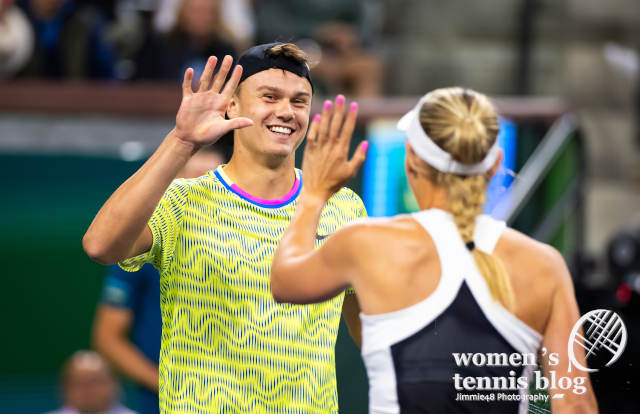 Holger Rune playing doubles with Caroline Wozniacki