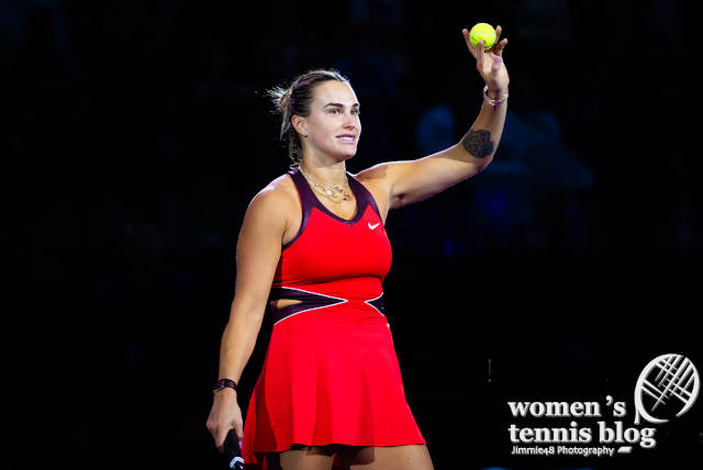Aryna Sabalenka in her red Nike dress at the 2025 WTA Finals in Riyadh