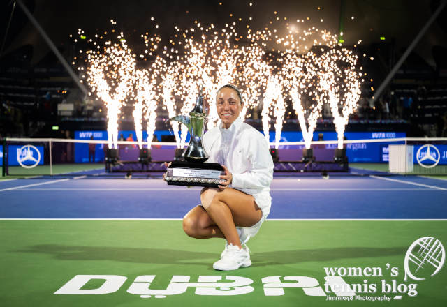 Jessica Pegula with her most recent trophy at the Dubai Duty Free Tennis Championships