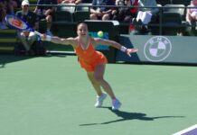 Maria Sakkari reaches for a forehand in her second round match at Indian Wells