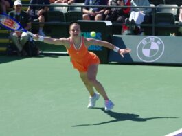 Maria Sakkari reaches for a forehand in her second round match at Indian Wells