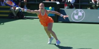 Maria Sakkari reaches for a forehand in her second round match at Indian Wells