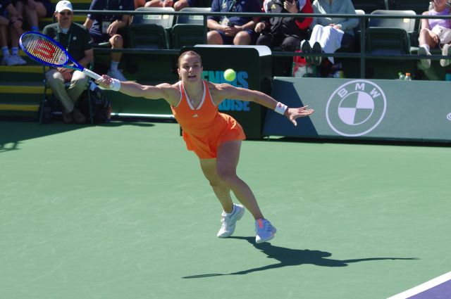 Maria Sakkari reaches for a forehand in her second round match at Indian Wells