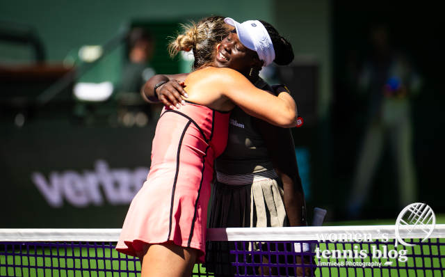 Sabalenka and Mboko hug at the net at Indian Wells