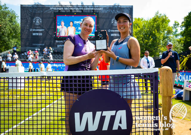 Vera Zvonareva of Russia & Aldila Sutjiadi of Indonesia pose with their trophies after winning the doubles final of the 2026 Bad Homburg Open WTA 500 tennis tournament